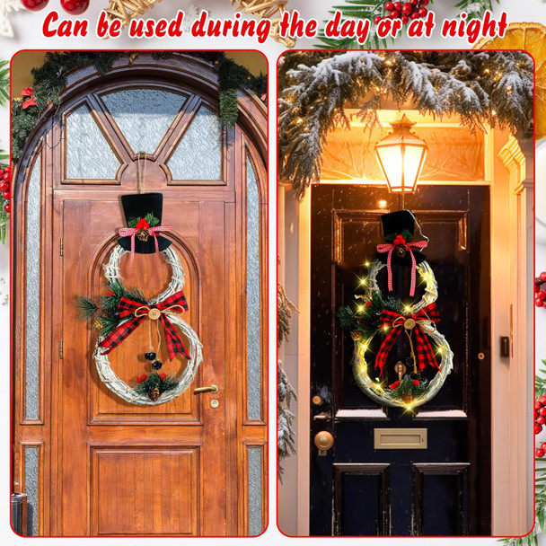 3 Pcs Lighted Christmas Wreath Decoration Grapevine Wreath with Hat Bow Holding Sign Red Berries Pine Cone Vine for Xmas Front Door Home Garden Wall Decor, Batteries Not Included (Snowman)