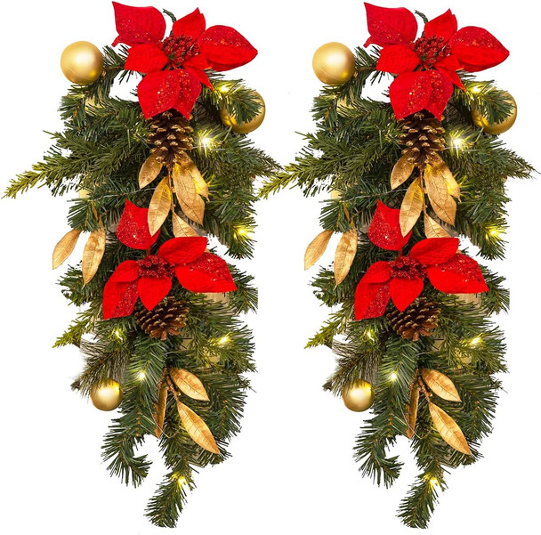 Barton 2X 28 Christmas Teardrop Swag Wreath Pinecones Pre-Lit LED Garland Battery-Powered Front Door Window Winter Holiday Artificial