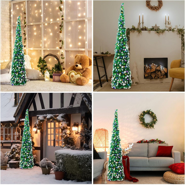 Barydat 5ft Pop up Christmas Tree with Lights Collapsible Tinsel Trees Reusable Pull up Christmas Tree with Snowflakes Sequins Slim Pencil Tree for Christmas Party Holiday Fireplace Home(Green)