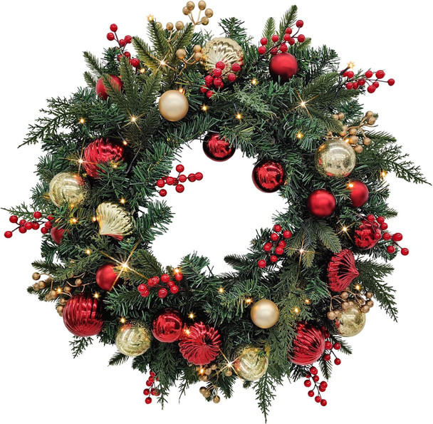 Christmas Lighted Wreath for Front Door, 28 Inches Pre-Lit 35 LED Lights, Red and Golden Artificial Holiday Wreath with Berries for Indoor Outdoor Home Decorations