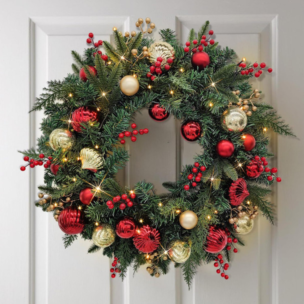 Christmas Lighted Wreath for Front Door, 28 Inches Pre-Lit 35 LED Lights, Red and Golden Artificial Holiday Wreath with Berries for Indoor Outdoor Home Decorations