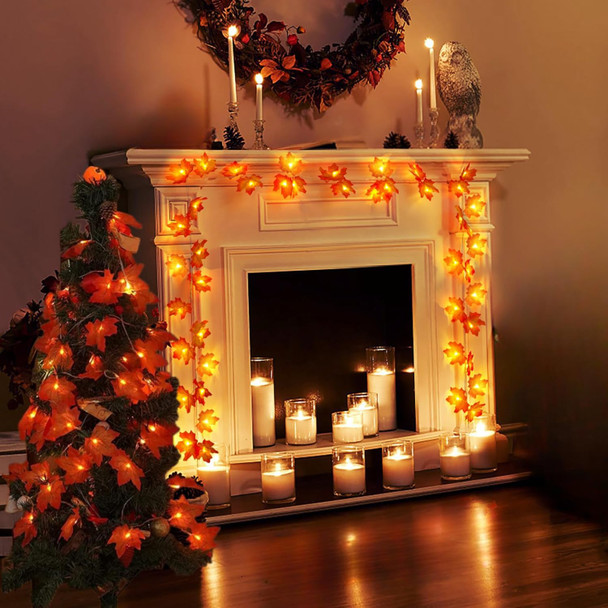 Fall Garland 20Ft 40 LED Lighted Maple Leaf String Lights for Fall Decor Thanksgiving Decoration Halloween Decor (2 Pack)