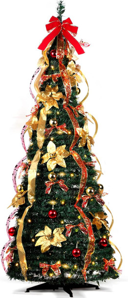 6 ft Christmas Tree Pop up Pre lit Christmas Tree with Lights Artificial Prelit Decorated Holiday Pull up Xmas Tree with Red and Gold Decorations Easy Assembly for Xmas Home Fireplace Decor