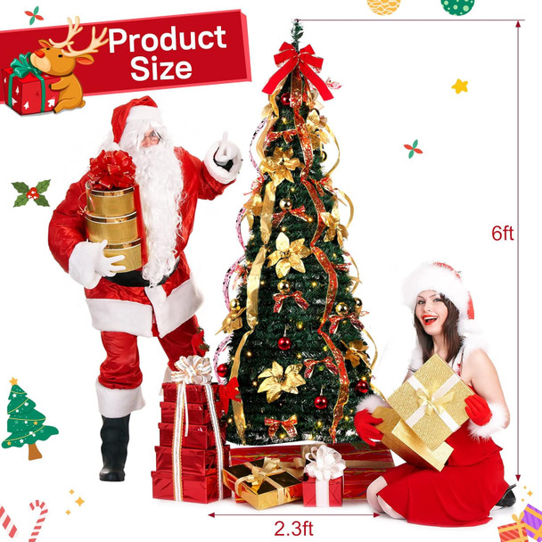 6 ft Christmas Tree Pop up Pre lit Christmas Tree with Lights Artificial Prelit Decorated Holiday Pull up Xmas Tree with Red and Gold Decorations Easy Assembly for Xmas Home Fireplace Decor