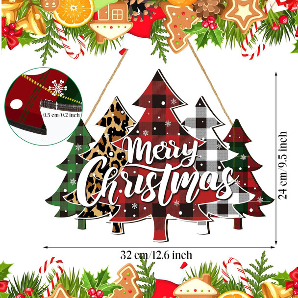 BBTO Merry Christmas Door Sign Buffalo Plaid Tree Wood Decor Farmhouse Hanging Plaque for Porch Xmas Front Outdoor Home Decor(Tree Style)