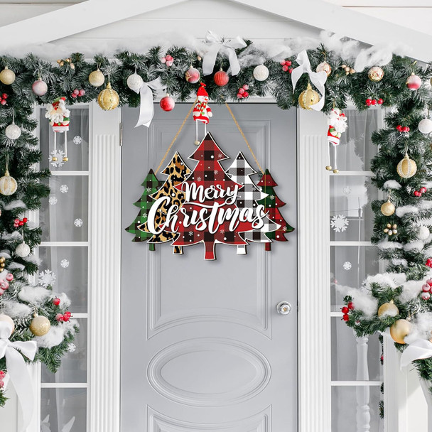BBTO Merry Christmas Door Sign Buffalo Plaid Tree Wood Decor Farmhouse Hanging Plaque for Porch Xmas Front Outdoor Home Decor(Tree Style)