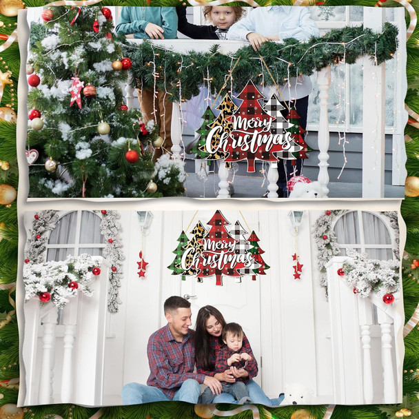 BBTO Merry Christmas Door Sign Buffalo Plaid Tree Wood Decor Farmhouse Hanging Plaque for Porch Xmas Front Outdoor Home Decor(Tree Style)