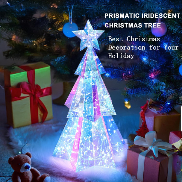 Prismatic Iridescent Christmas Tree, Desktop Christmas Tree with LED Lights, Colorful Glow Lights Prismatic Christmas Decorations Indoor, for Kids Girls Families (Christmas Tree M)