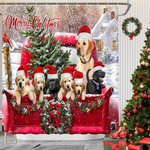 beifivcl Christmas Shower Curtain, Xmas Wreath Dog Shower Curtain, Merry Christmas Bathroom Set Decor with Xmas Tree Red Vintage Truck Shower Curtain, Year Winter for Home Decor,72x72 Inches