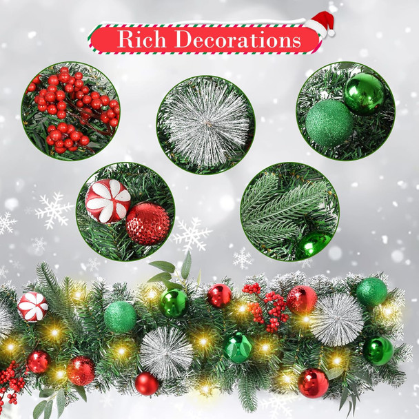 Beinhome Christmas Garland with Lights, 9 FT Pre-Lit Christmas Garland with Red Green Glitter Matte Ball Decorations for Home Front Door Stairs Table Centerpiece Fireplace Xmas Holiday Festival Decor
