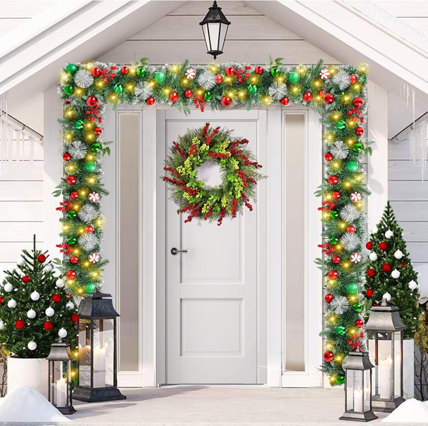 Beinhome Christmas Garland with Lights, 9 FT Pre-Lit Christmas Garland with Red Green Glitter Matte Ball Decorations for Home Front Door Stairs Table Centerpiece Fireplace Xmas Holiday Festival Decor