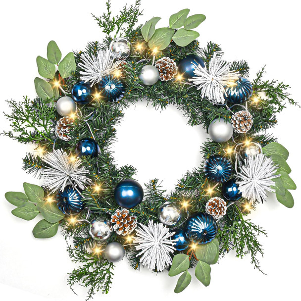 Christmas Wreath with Lights,24 Inch Christmas Wreath for Front Door with Christmas Blue Balls,Pine Cones and Pine Needles Xmas Wreath for Fireplace Window Front Door Wall Decor