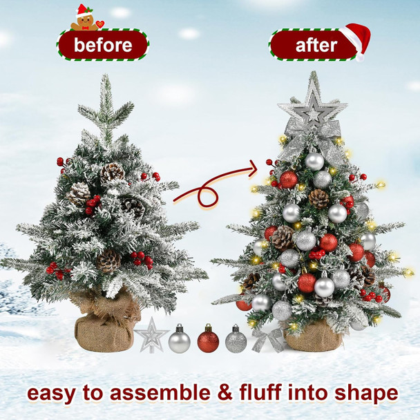 Tabletop Christmas Tree 24 Inch / 2 FT Mini Artificial Christmas Tree with 40 LED Lights, Battery Operated Small Xmas Tree for Indoor Tabletop or Desktop Decoration (Red and Silver Ornament Tree)