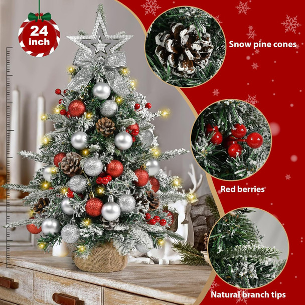 Tabletop Christmas Tree 24 Inch / 2 FT Mini Artificial Christmas Tree with 40 LED Lights, Battery Operated Small Xmas Tree for Indoor Tabletop or Desktop Decoration (Red and Silver Ornament Tree)