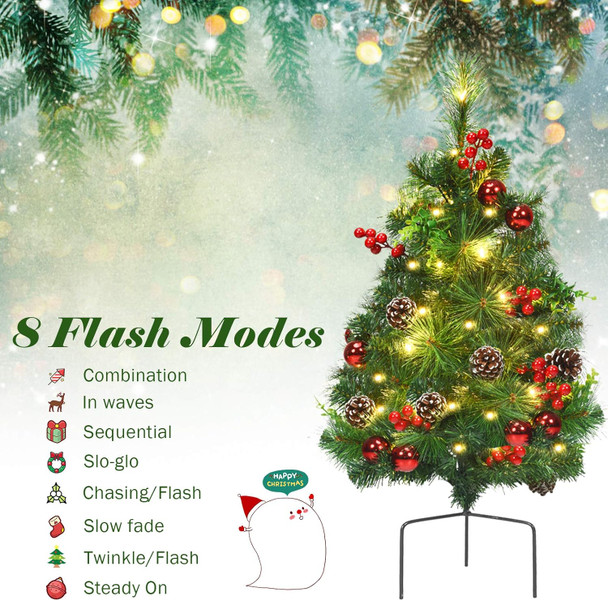 24 Inch Pathway Christmas Tree Set of 2, Battery-Powered Mini Christmas Tree w/ 30 LED Lights, 8 Flashing Modes, Berries, Pine Cones & Ornaments, Pre-lit Xmas Tree for Lawn, Yard