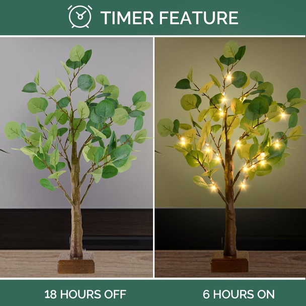 Bexdir Lighted Tabletop Eucalyptus Tree with Timer, 24.8IN 42 LED Bonsai Tree Light, Battery & USB Powered Tree Table Light, Night Light, Artificial Plant for Home Spring Christmas Party Wedding Decor