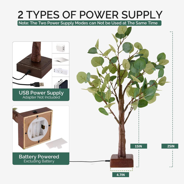 Bexdir Lighted Tabletop Eucalyptus Tree with Timer, 24.8IN 42 LED Bonsai Tree Light, Battery & USB Powered Tree Table Light, Night Light, Artificial Plant for Home Spring Christmas Party Wedding Decor