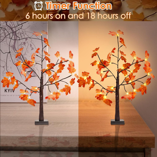 2FT 25LED Artificial Lighted Maple Tree,Timer Function Prelit Fall Decor Maple Tree with Warm White Light Lamp Battery Operated and USB for Indoor Outdoor Harvest Halloween Thanksgiving Day