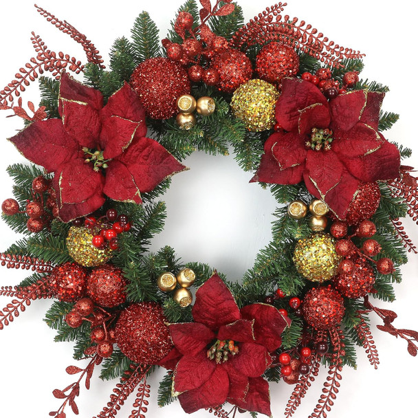 24 Inch Christmas Wreath for Front Door Artificial Christmas Wreath Decor with Pine Needles, Red Berries Red and Gold Ornaments Decorations Accents, Perfect for Indoor/Outdoor Christmas Decor