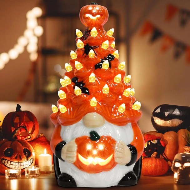 Light Up Ceramic Gnomes Halloween Tree, Halloween Decorations Indoor 8.6" Ceramic Tree with Pumpkin Bat - Vintage Orange Halloween Figurines for Bedroom Night Table Gnome s for Kids Man Women