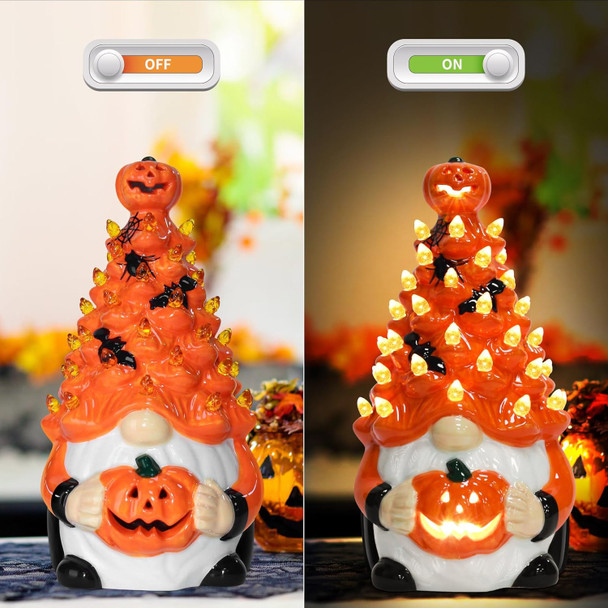 Light Up Ceramic Gnomes Halloween Tree, Halloween Decorations Indoor 8.6" Ceramic Tree with Pumpkin Bat - Vintage Orange Halloween Figurines for Bedroom Night Table Gnome s for Kids Man Women