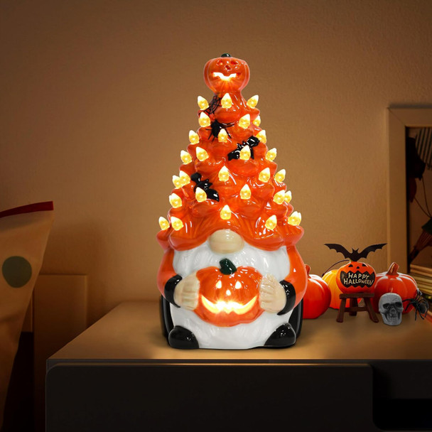 Light Up Ceramic Gnomes Halloween Tree, Halloween Decorations Indoor 8.6" Ceramic Tree with Pumpkin Bat - Vintage Orange Halloween Figurines for Bedroom Night Table Gnome s for Kids Man Women