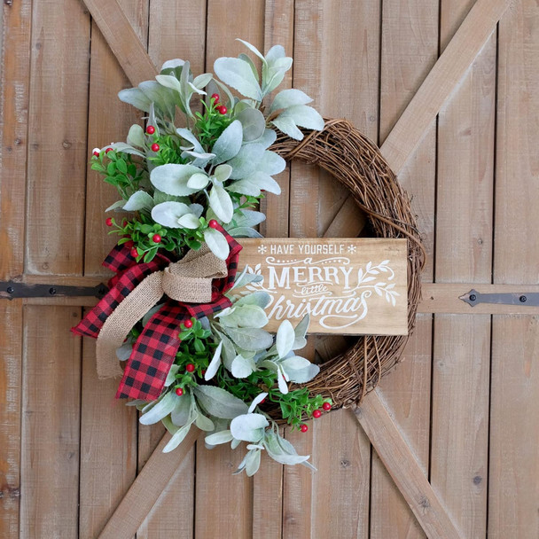 Bibelot Christmas Grapevine Wood Sign Wreath Flocked Ear Leaves and Holly, Rustic Christmas Wreath Farmhouse Front Door Wreath, Winter Front Door Christmas Sign Wreath with Leaves and Berry Wreath