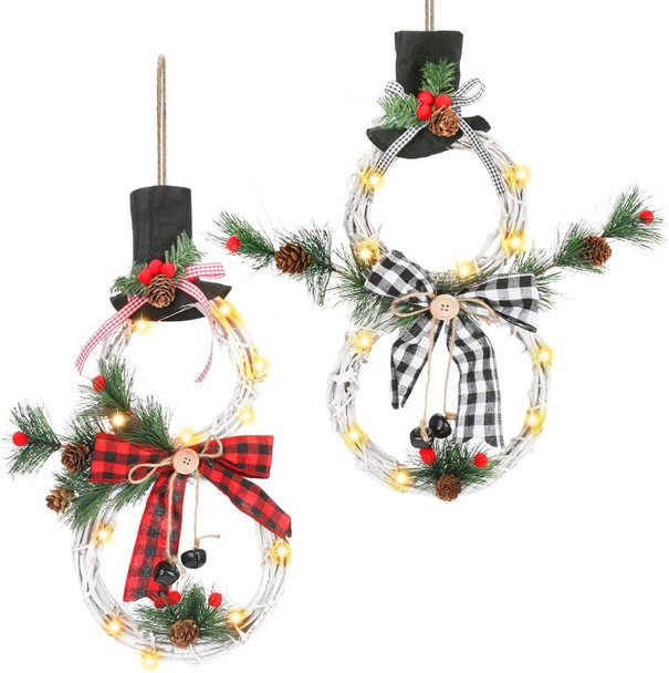 Lighted Christmas Wreath, 2 Pack LED Light Front Door Wreaths with Pine Cones Bells Battery Operated Hanging Wall Decor Xmas Party Garland Ornament for Wall Window Decorations(16x8Inch)