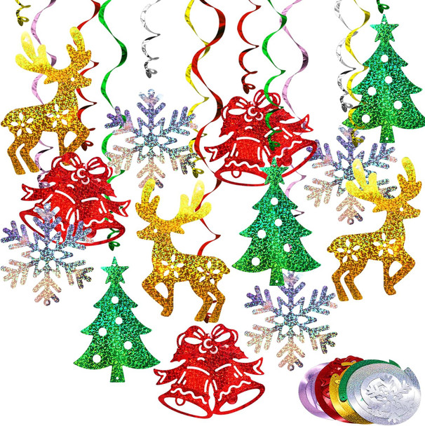 Christmas Decorations Hanging Swirl 30 Packs Xmas Decorations Merry Christmas Elk Sliver Snowflake Green Christmas Tree Golden Jungle Bell Glitter Foil Ceiling Hanging String Garland