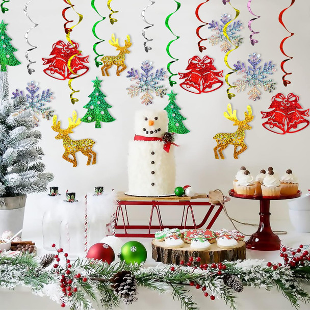 Christmas Decorations Hanging Swirl 30 Packs Xmas Decorations Merry Christmas Elk Sliver Snowflake Green Christmas Tree Golden Jungle Bell Glitter Foil Ceiling Hanging String Garland