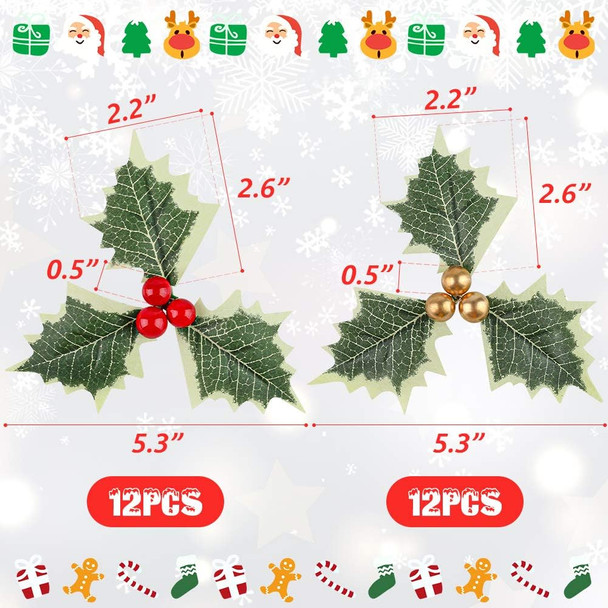 BigOtters Artificial Holly Berries with Green Leaves, 24PCS Gold and Red Holly Berry Flower with Leaves for Christmas Wreath Arrangement Cake Toppers Craft Wedding Party Home Decorations