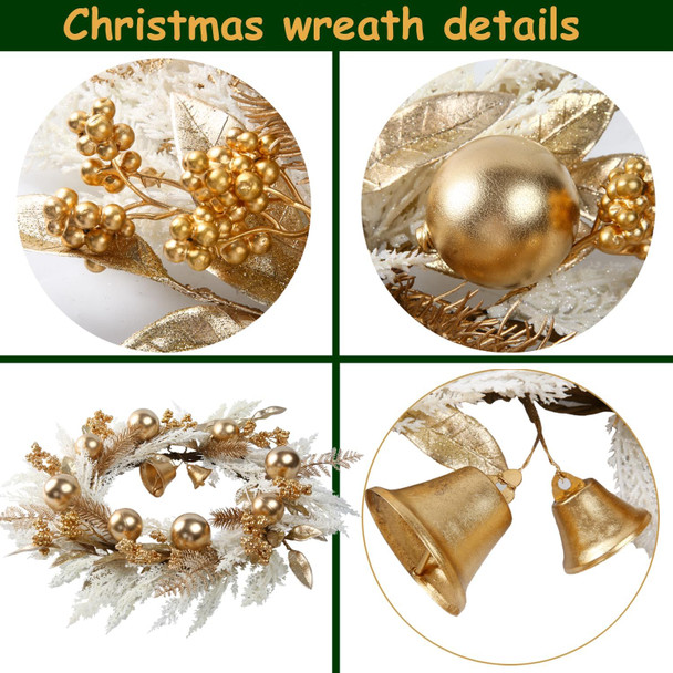 20" Gold Christmas Wreaths for Front Door, Gold Berry Leaves Bells Balls Xmas Wreath with White Fake Pampas Grass, Door Reef for Windows Fireplaces Walls, Front Porch Indoor and Outdoor
