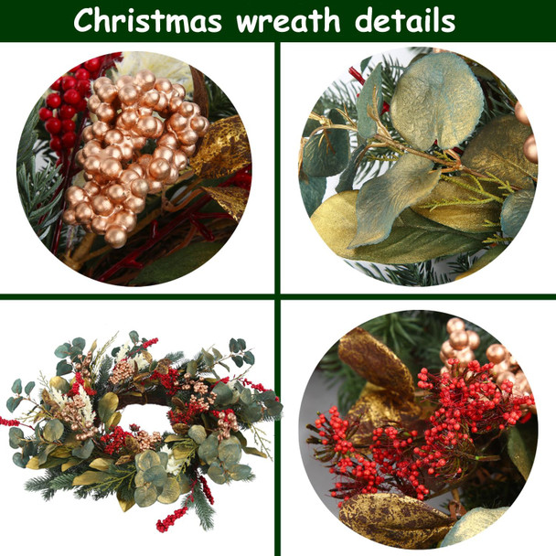 20" Gold Red Berries Christmas Wreaths for Front Door, Metallic Finish Eucalyptus Leaves Winter Xmas Wreath Outdoor Holiday Decoration, Door Wreath Decor for Farmhouse Front Porch Wall Window