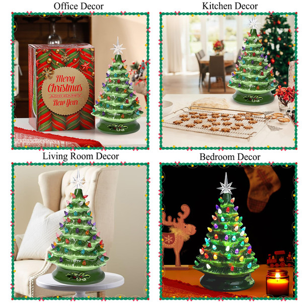 Ceramic Christmas Tree Decorations 13 Inch Table Decoration Winter Tree Aesthetic Room Home Decor with Star Topper Vintage Christmas Decor s for Family Friends(Green)