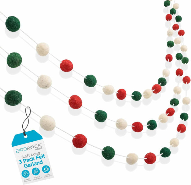 BIRDROCK HOME 3-Pack Felt Garland 6.5ft or 78in Long Christmas Decoration with 24 Pom Pom Balls in Red, White & Green. Ideal for Trees, Fireplace Mantels, Stairs, Walls & Festive Holiday Decor Ideas BIRDROCK HOME 3-Pack Felt Garland 6.5ft or 78in Long Christmas Decoration with 24 Pom Pom Balls in Red, White & Green. Ideal for Trees, Fireplace Mantels, Stairs, Walls & Festive Holiday Decor Ideas