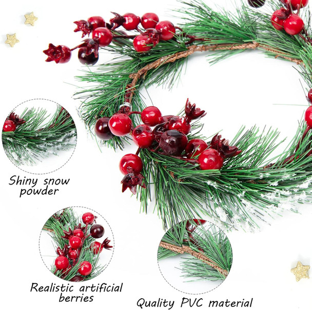 Christmas Candle Rings- 4.3 Inches Candle Wreaths Candle Garland with Artificial Red Berries- Xmas Wreath Candle Holder for Christmas Wedding Table Dinner Party Decoration, 4 Pcs