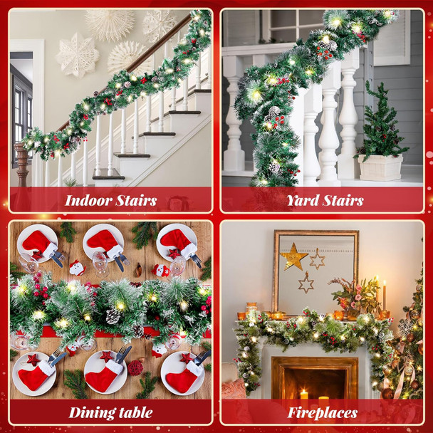 Christmas Garland with Lights, 9FT Artificial Lighted Garland Indoor for Stairs, Fireplace, 50 Lights Green Garland, Pine Cones & Red Berries & Pine Needle
