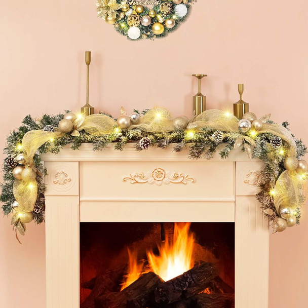 5.9 FT Christmas Garland Decorations, Luxury Christmas Garland with Lights for Mantle, Christmas Flocked Garland with Ribbons Gold Ball Pinecones, Lighted Christmas Garland Decor