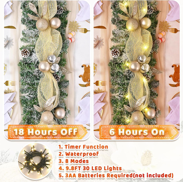 5.9 FT Christmas Garland Decorations, Luxury Christmas Garland with Lights for Mantle, Christmas Flocked Garland with Ribbons Gold Ball Pinecones, Lighted Christmas Garland Decor