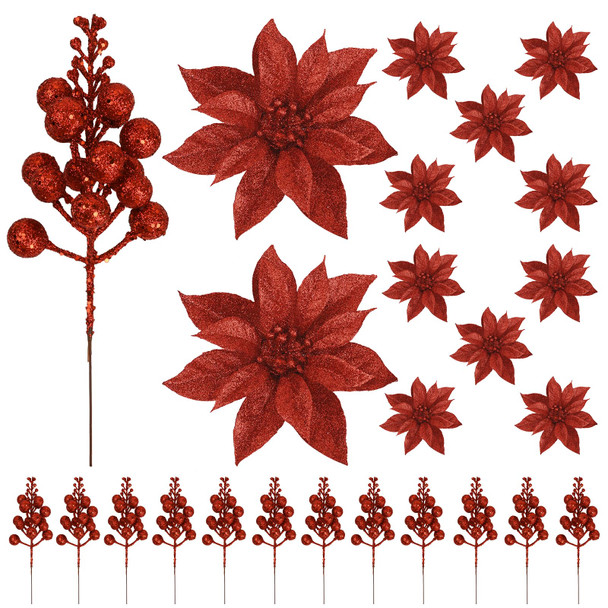 24 Pcs Red Poinsettia Christmas Tree Decorations, 24 Pcs Artificial Poinsettia Flowers and Christmas Picks Glitter Berry Stem, Christmas Tree Ornaments for Christmas Tree Topper, Filler, Wreath