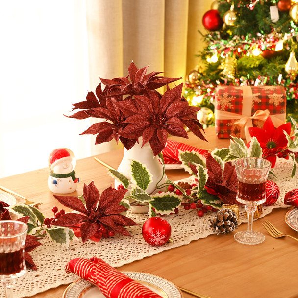 24 Pcs Red Poinsettia Christmas Tree Decorations, 24 Pcs Artificial Poinsettia Flowers and Christmas Picks Glitter Berry Stem, Christmas Tree Ornaments for Christmas Tree Topper, Filler, Wreath