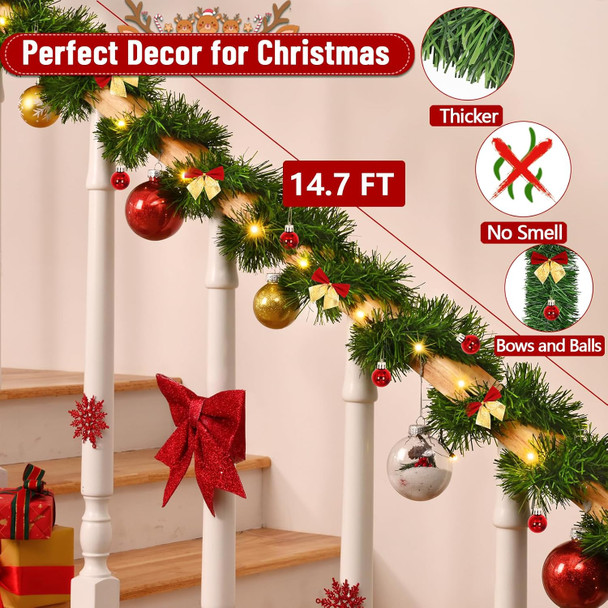 Christmas Garland Decorations-14.7 FT Christmas Green Garland with Lights, Fluffy Soft Greenery Lighted Christmas Garland for Mantle, Christmas Tree Garland Decor with Christmas Bows Balls
