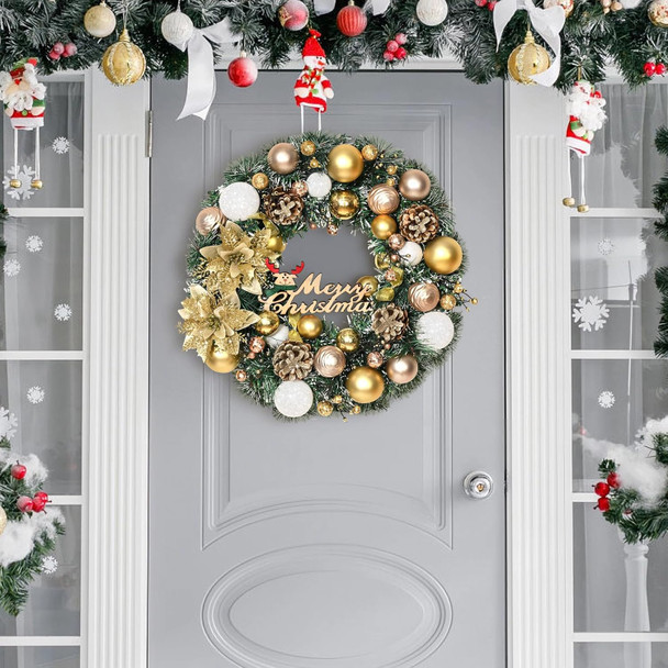 Christmas Wreath with Lights Decorations -Christmas Wreaths for Front Door, 16 Inch Lighted Christmas Door Wreath with Poinsettias Balls Pinecones, Christmas Wreaths for Indoor Outdoor Decor