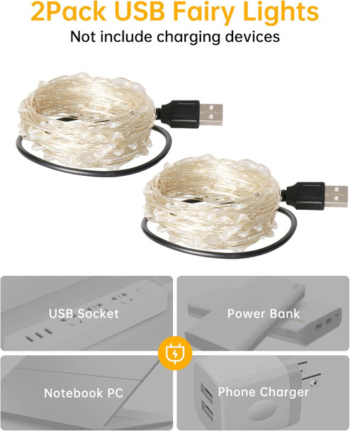 Blingstar Fairy Lights USB Powered Christmas Lights 2 Pack 33 Ft 100 LED String Lights Mini Fairy String Lights for Bedroom Christmas Tree Camping Decoration, Warm White