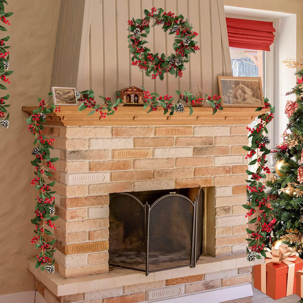 Christmas Garland Decorations for Mantle: Blosmon 2 PCS 5.7ft Red Berry Mantle Fireplace Garland Indoor Faux Christmas Swags and Garlands for Xmas Holiday Front Door Window Table Staircase Decor