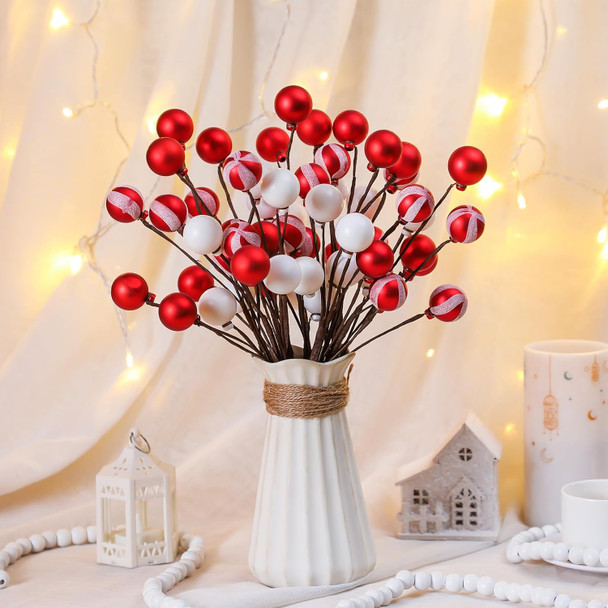 Blosssound 12Pcs 14inch Christmas Glitter Berries Stems Glitter Ball Picks Ornaments for Christmas Tree Vases Tall DIY Christmas Glitter Ball Stems for Xmas Party Wedding Holiday (Candy)(Candy)