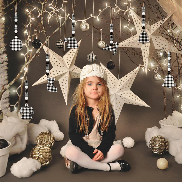 8 Pieces Christmas Tree Ornaments Christmas Buffalo Plaid Hanging Ornaments Wood Bead Garland with Fawn Snowman Angel Bell for Xmas Home Party Decorations(White, Black)