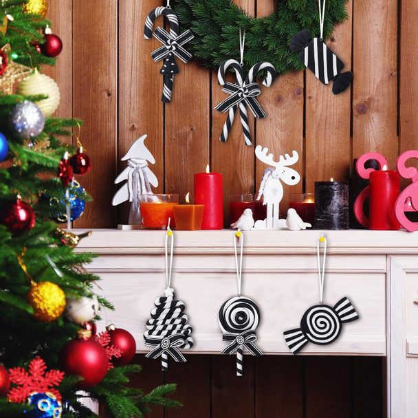 Blulu 6 Pcs Christmas Black and White Candy Cane Hanging Ornaments Halloween Glitter Candy Tree Decorations Polymer Clay Peppermint Candy Winter Holiday Xmas Party Supplies for Wreaths Christmas trees