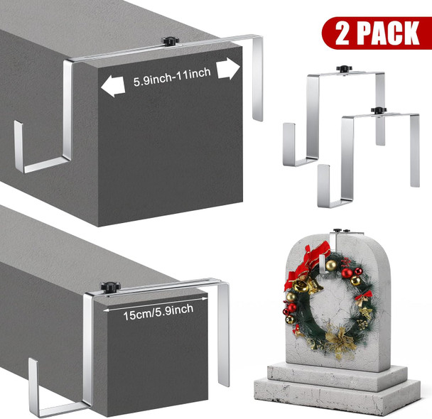 Blulu 2 Pcs 7'' to 11'' Metal Christmas Headstone Wreath Hanger Adjustable Flower Wreath Holder Stands Gravestone Marker Cemetery Tombstone Saddles (Silver, Straight)