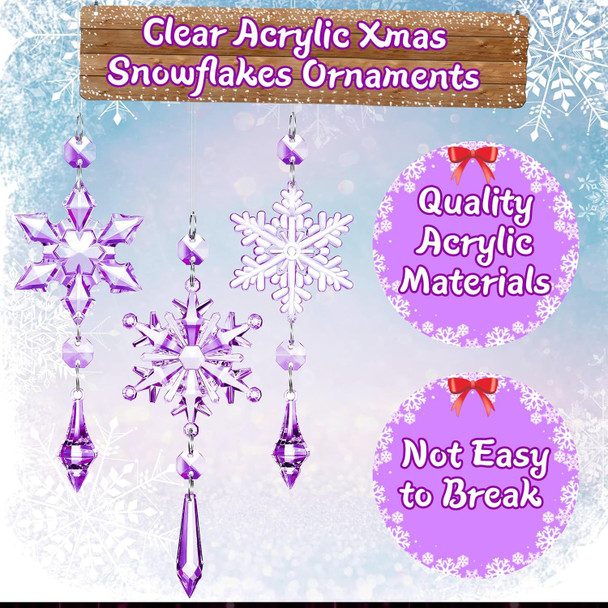 15 Pcs Christmas Acrylic Snowflake Christmas Crystal Christmas Tree Ornaments Christmas Crystal Decorations Crystal Ornaments for Christmas Tree for Party Celebration (Purple)